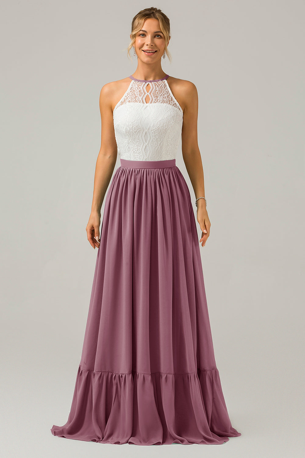 Vestido de dama de honor largo de gasa boho ojo de cerradura de terracota con encaje