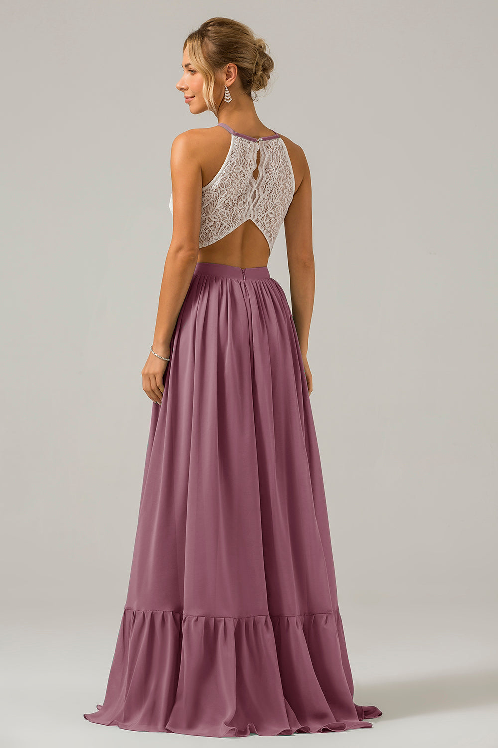 Vestido de dama de honor largo de gasa boho ojo de cerradura de terracota con encaje