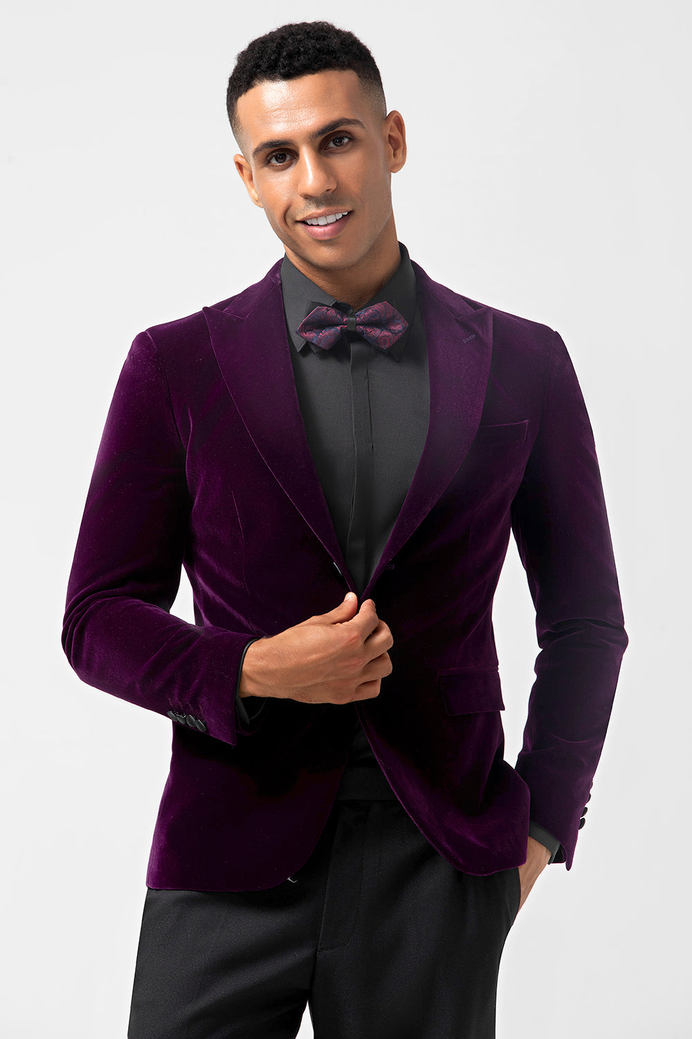Blazer hombre violeta oscuro solapa pico un botón terciopelo