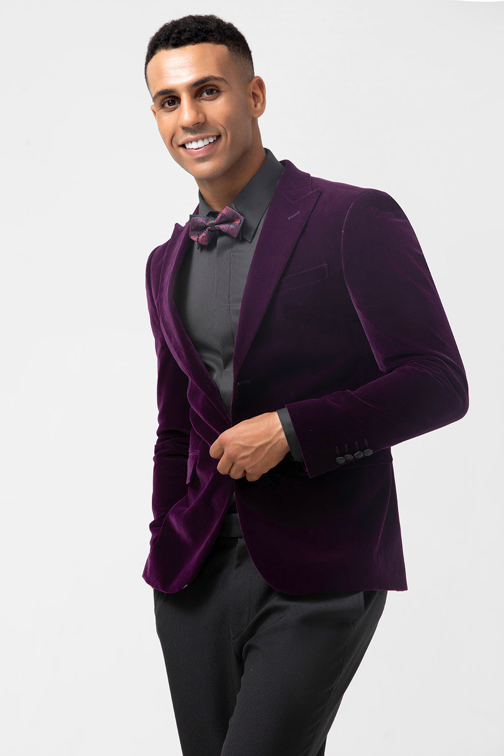 Blazer hombre violeta oscuro solapa pico un botón terciopelo