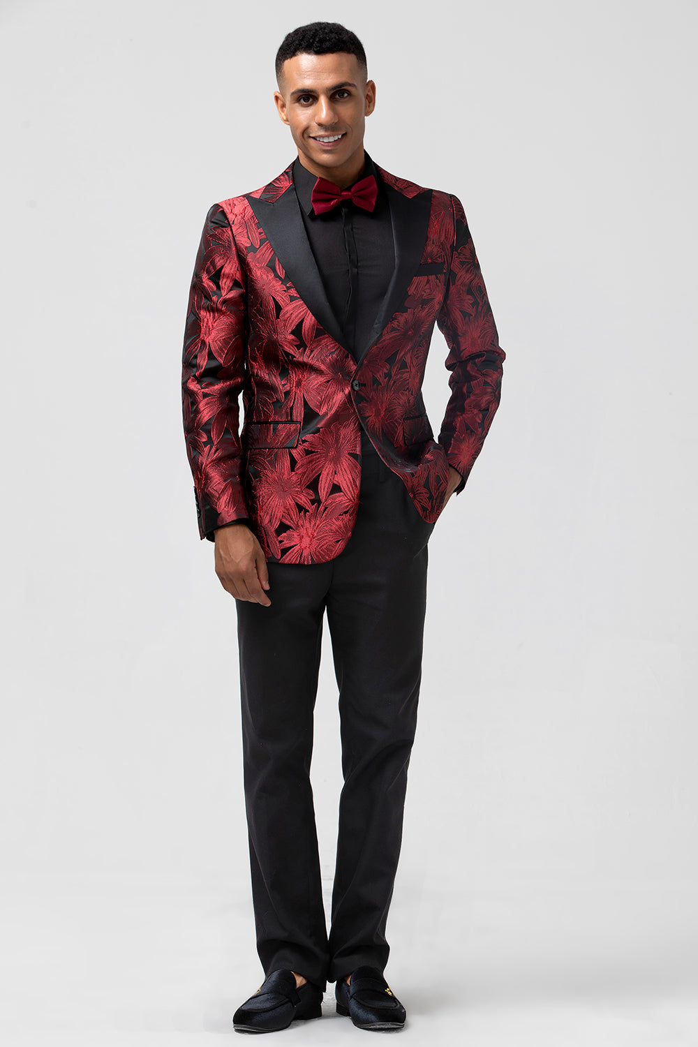 Blazer de fiesta para hombre con solapa de pico y jacquard burdeos de un botón