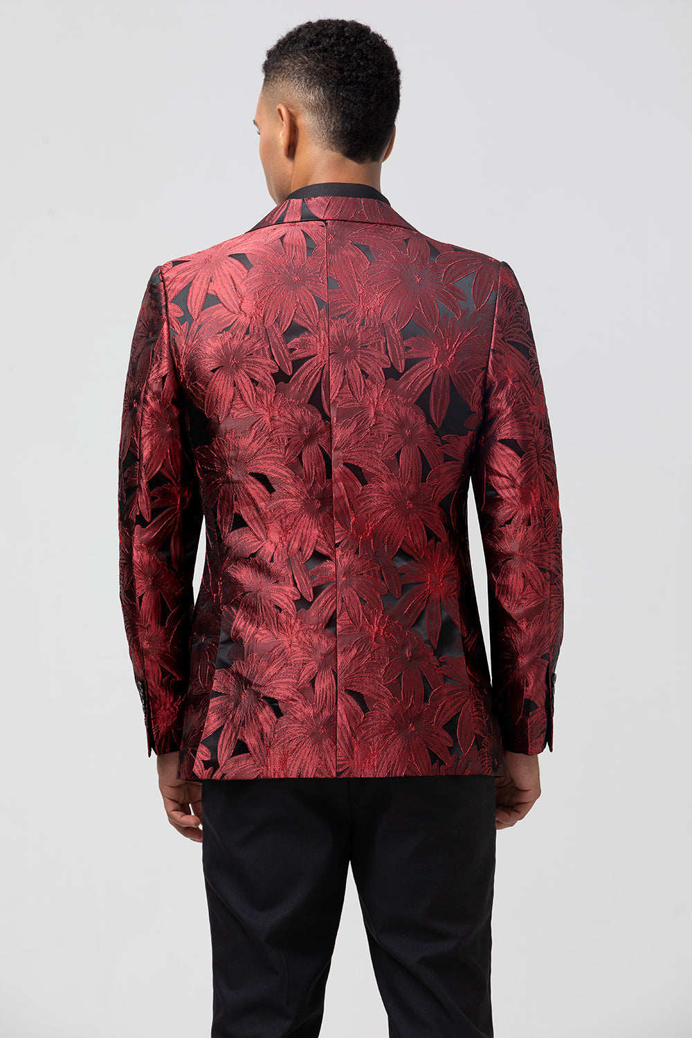 Blazer de fiesta para hombre con solapa de pico y jacquard burdeos de un botón