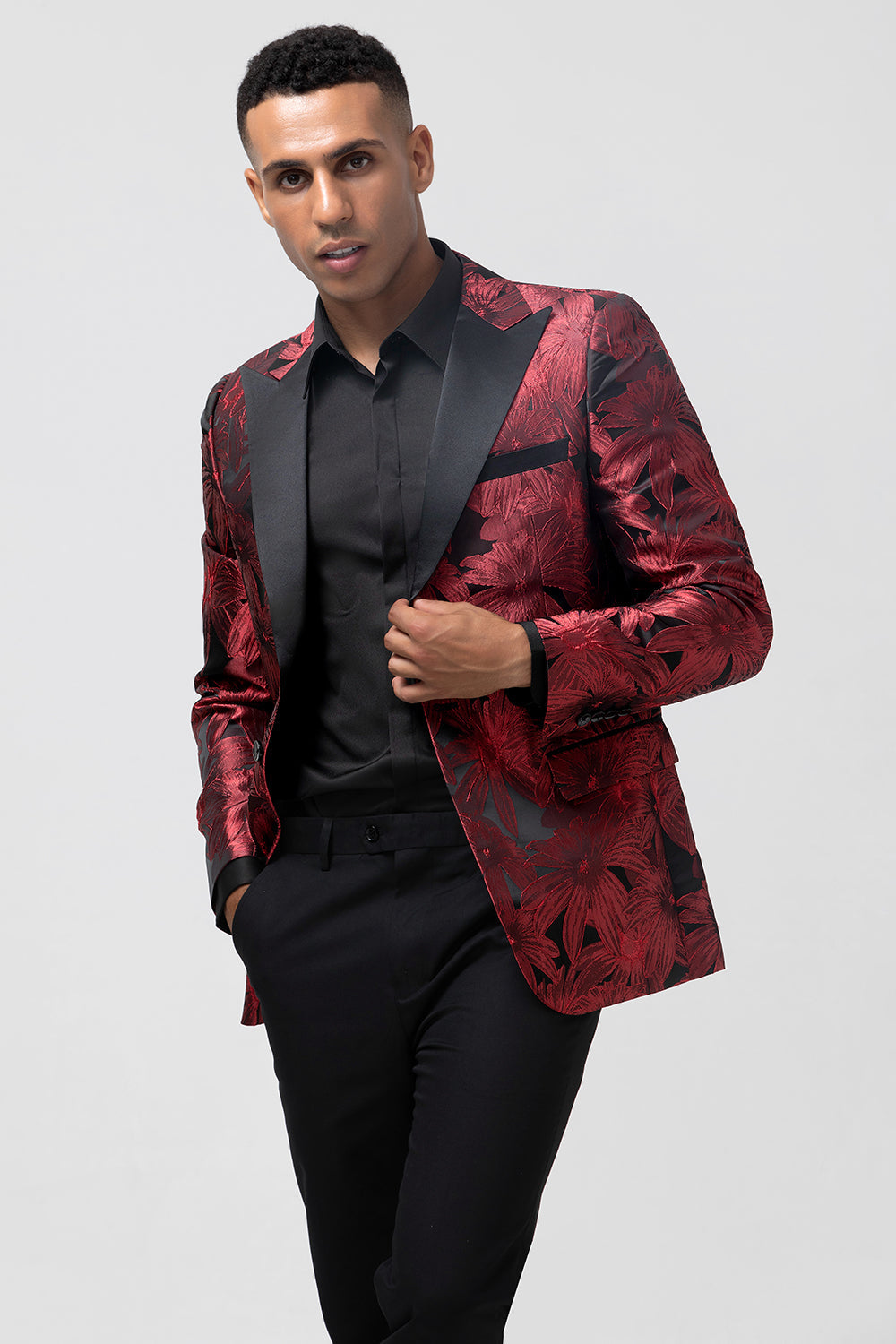 Blazer de fiesta para hombre con solapa de pico y jacquard burdeos de un botón