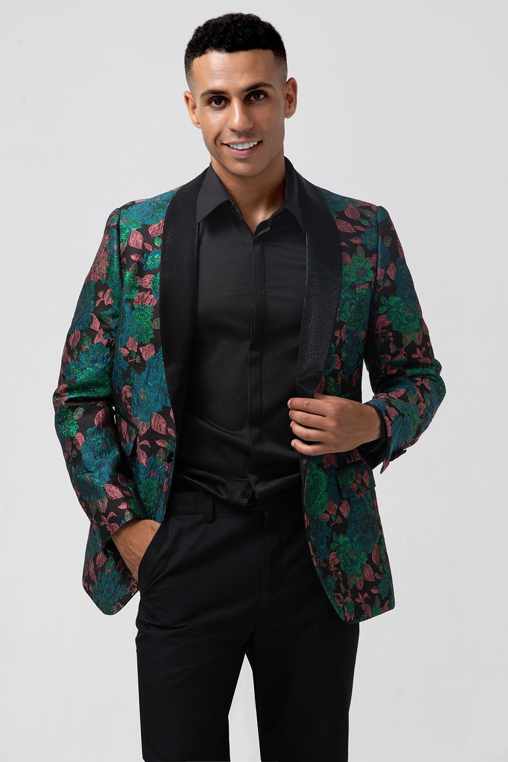 Chal de jacquard verde solapa Blazer de fiesta para hombre con un botón