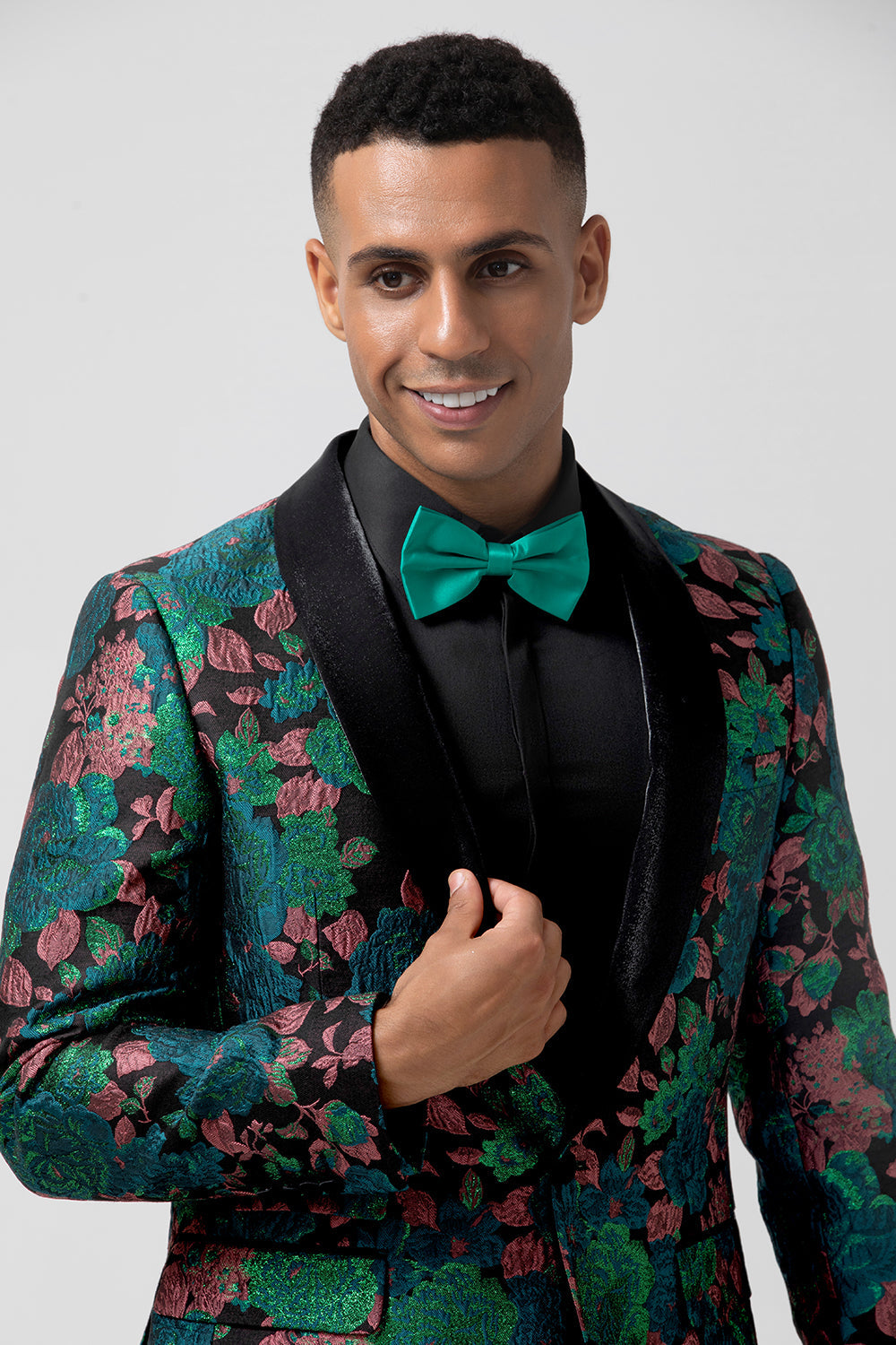 Chal de jacquard verde solapa Blazer de fiesta para hombre con un botón