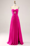 Fucsia Una Línea Novia Plisado Ojo De Cerradura Vestido Largo De Fiesta Con Abertura