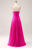 Fucsia Una Línea Novia Plisado Ojo De Cerradura Vestido Largo De Fiesta Con Abertura