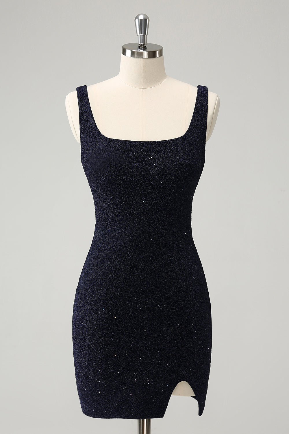 Vestido de cóctel ajustado con cuello cuadrado y abertura en azul oscuro brillante