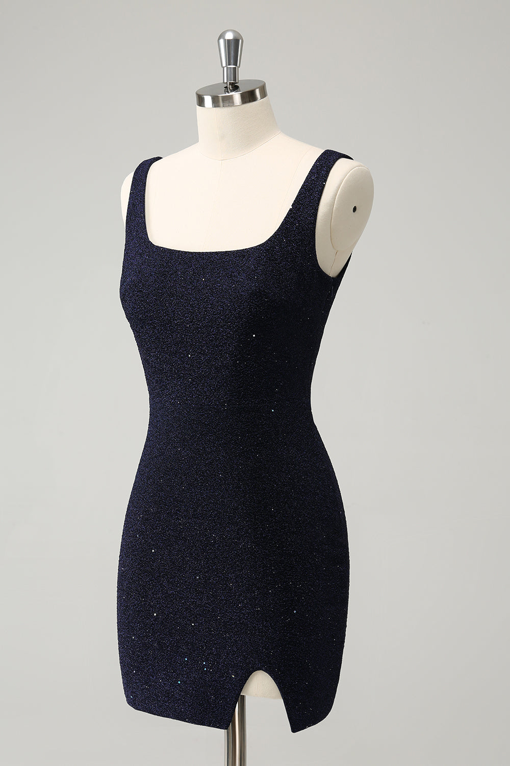 Vestido de cóctel ajustado con cuello cuadrado y abertura en azul oscuro brillante