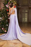 Vestido de fiesta largo con cuentas de un hombro lila sirena con abertura
