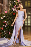 Vestido de fiesta largo con cuentas de un hombro lila sirena con abertura