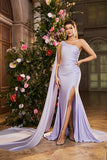 Vestido de fiesta largo con cuentas de un hombro lila sirena con abertura