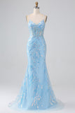 Vestido largo de fiesta de tirantes de espagueti de sirena azul claro brillante con abalorios
