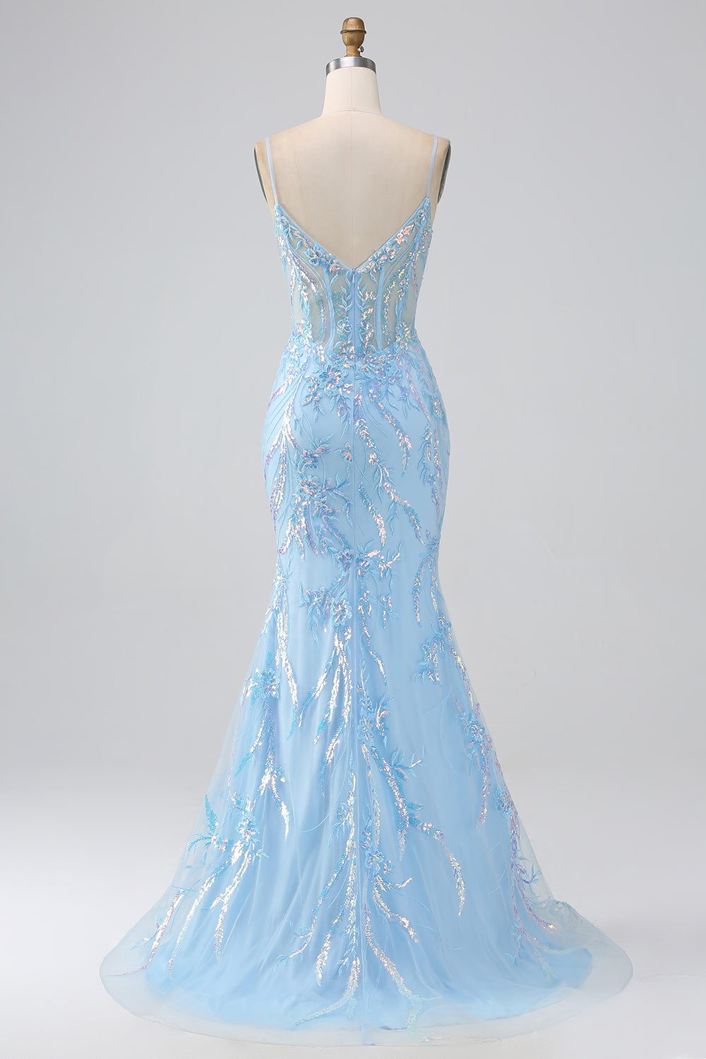 Vestido largo de fiesta de tirantes de espagueti de sirena azul claro brillante con abalorios