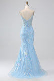 Vestido largo de fiesta de tirantes de espagueti de sirena azul claro brillante con abalorios