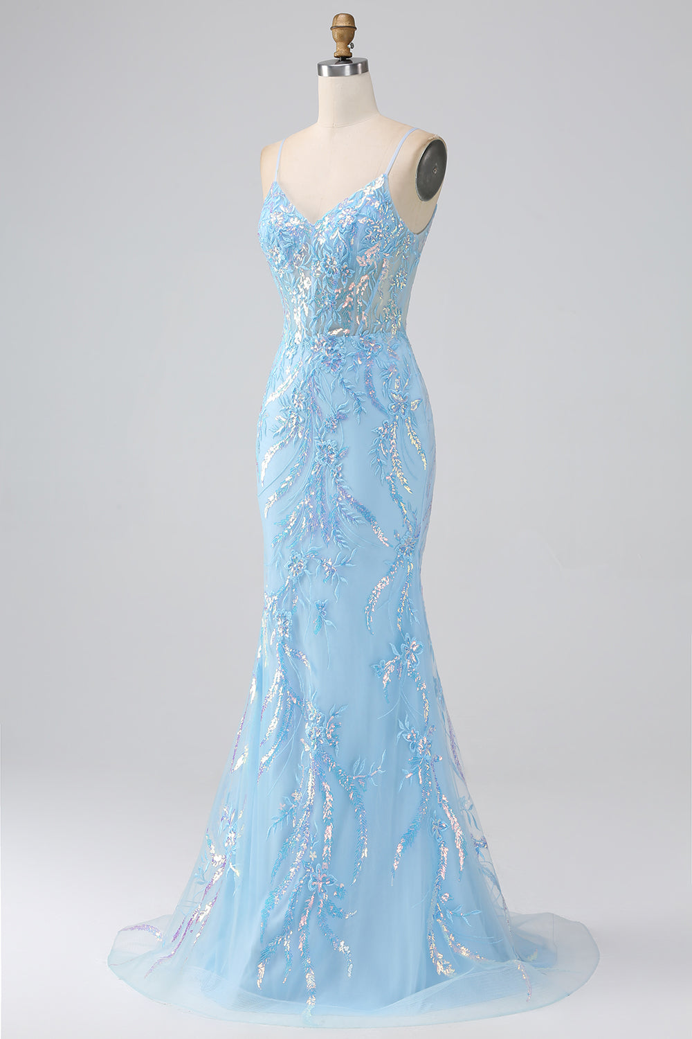 Vestido largo de fiesta de tirantes de espagueti de sirena azul claro brillante con abalorios