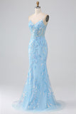 Vestido largo de fiesta de tirantes de espagueti de sirena azul claro brillante con abalorios