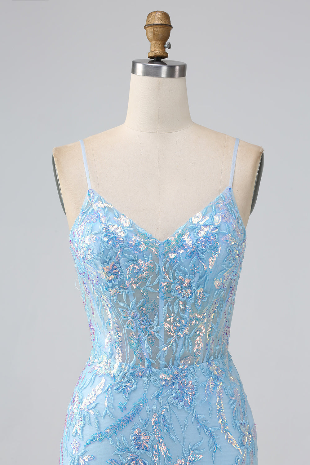 Vestido largo de fiesta de tirantes de espagueti de sirena azul claro brillante con abalorios