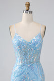 Vestido largo de fiesta de tirantes de espagueti de sirena azul claro brillante con abalorios