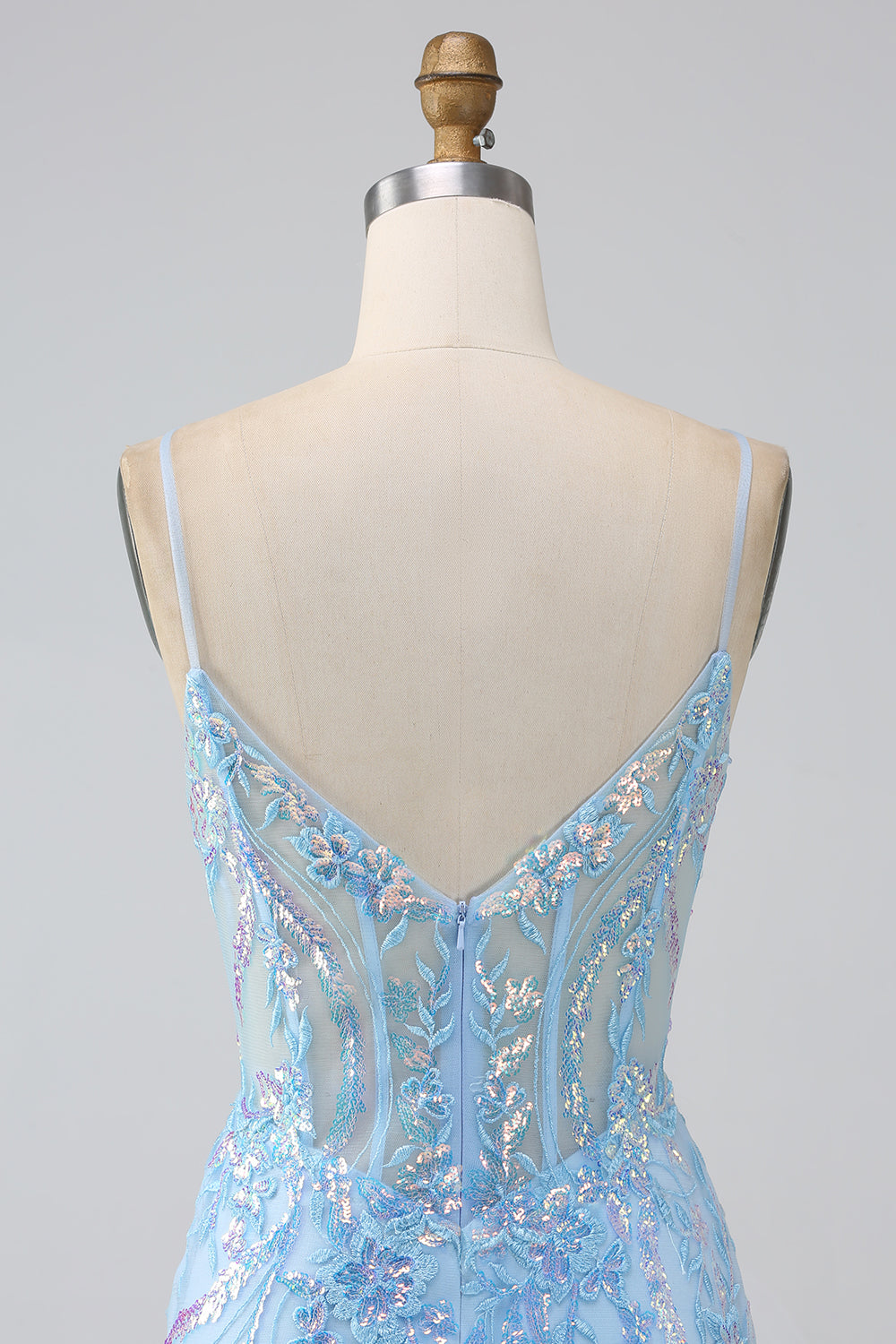 Vestido largo de fiesta de tirantes de espagueti de sirena azul claro brillante con abalorios
