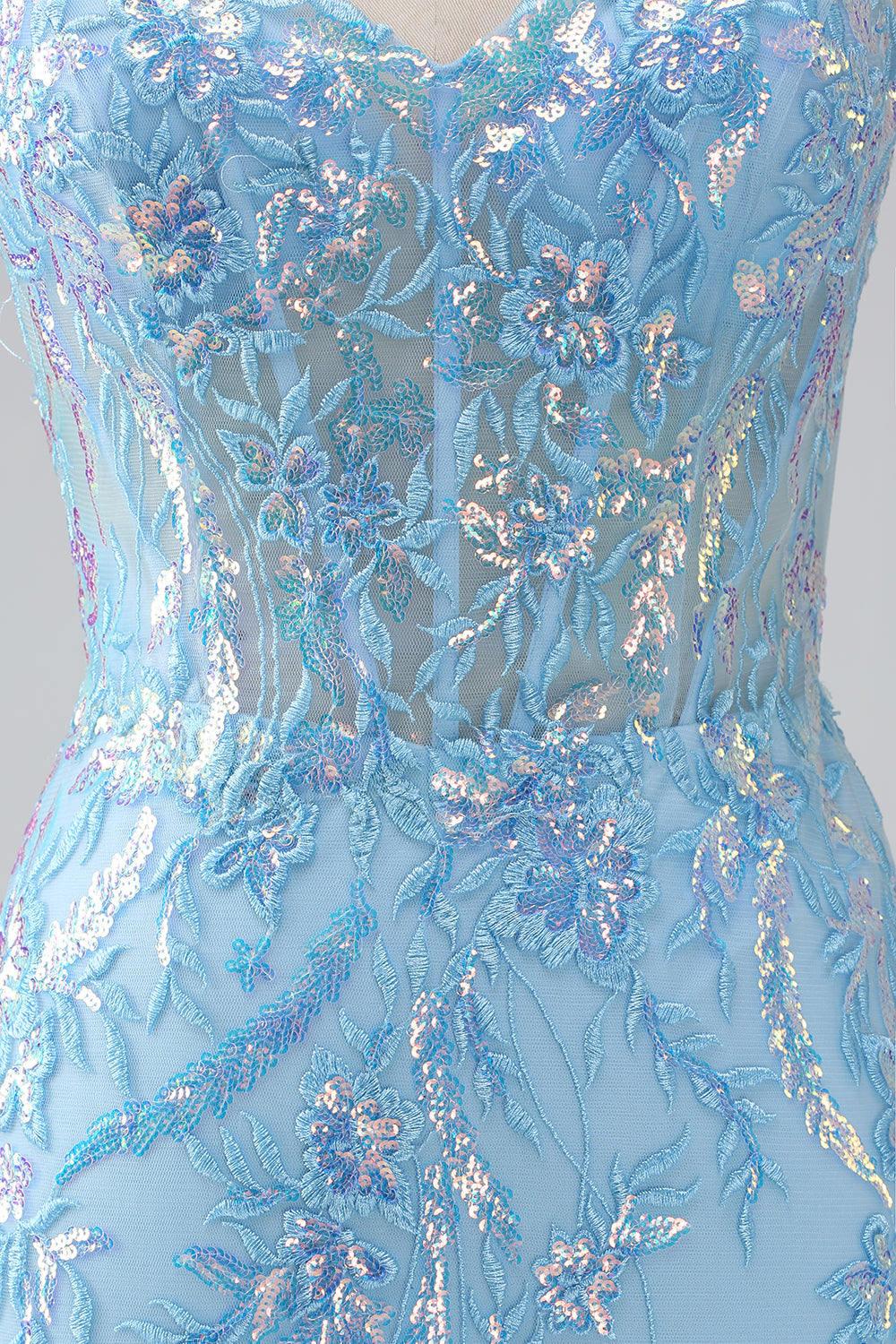 Vestido largo de fiesta de tirantes de espagueti de sirena azul claro brillante con abalorios
