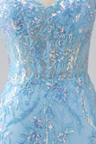 Vestido largo de fiesta de tirantes de espagueti de sirena azul claro brillante con abalorios