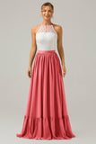 Vestido de dama de honor largo de gasa boho ojo de cerradura de terracota con encaje