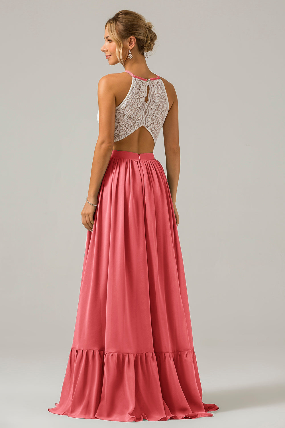 Vestido de dama de honor largo de gasa boho ojo de cerradura de terracota con encaje