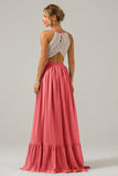 Vestido de dama de honor largo de gasa boho ojo de cerradura de terracota con encaje