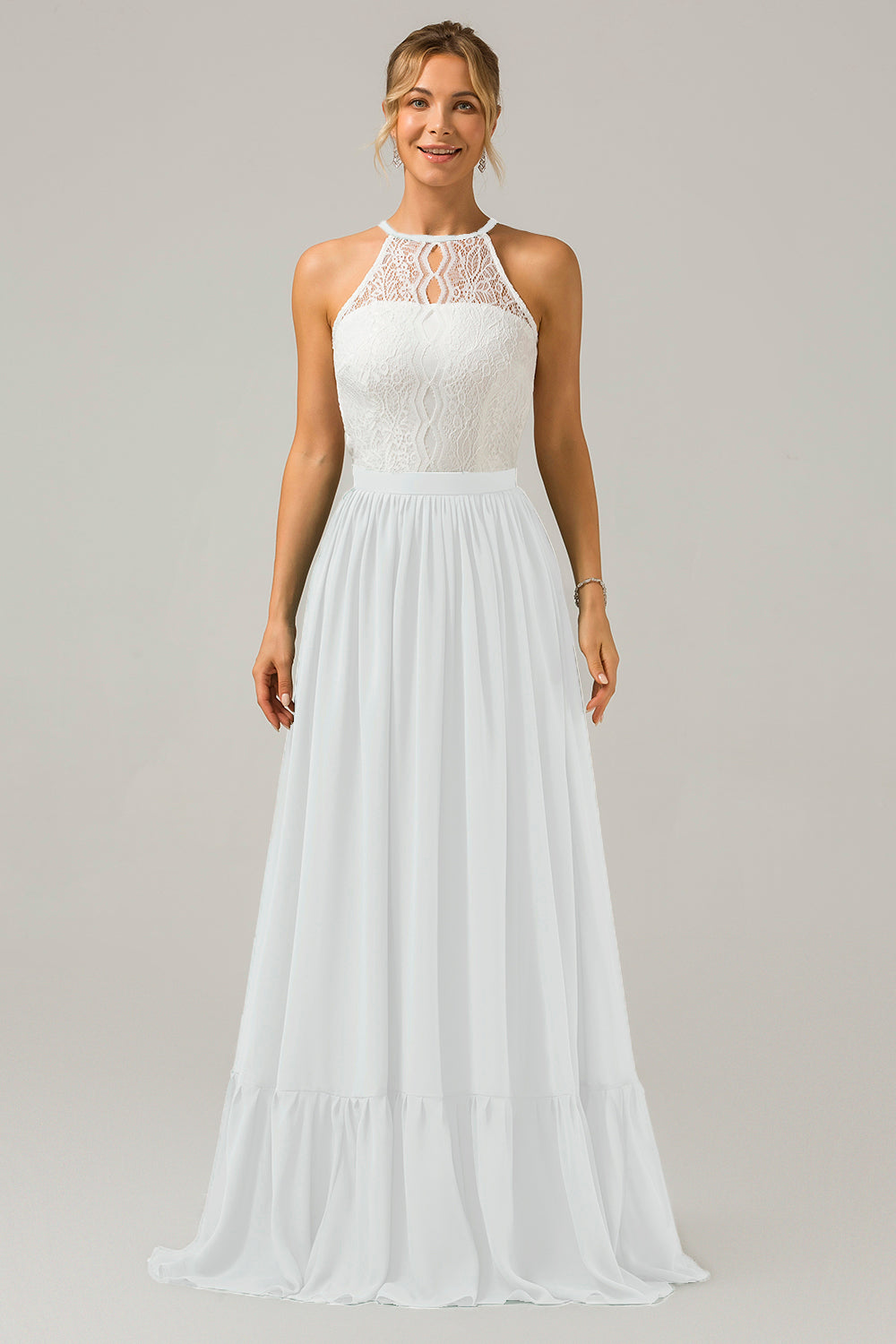 Vestido de dama de honor largo de gasa boho ojo de cerradura de terracota con encaje