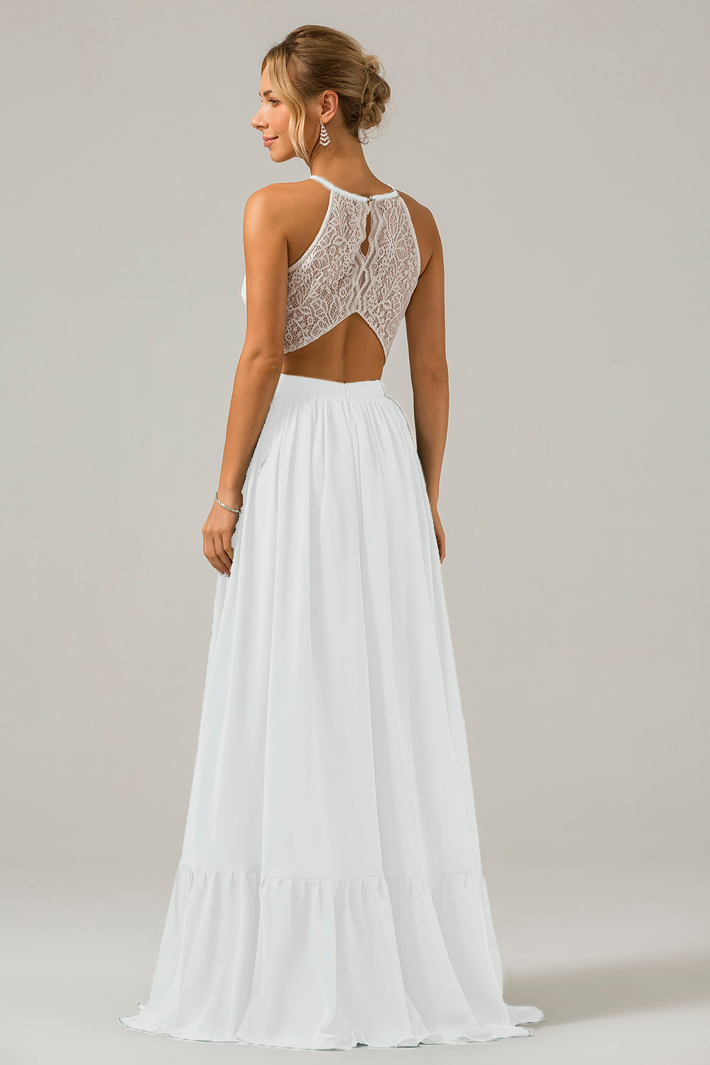 Vestido de dama de honor largo de gasa boho ojo de cerradura de terracota con encaje