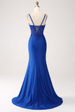 Vestido de fiesta largo con tirantes largos de sirena azul real con purpurina y apliques
