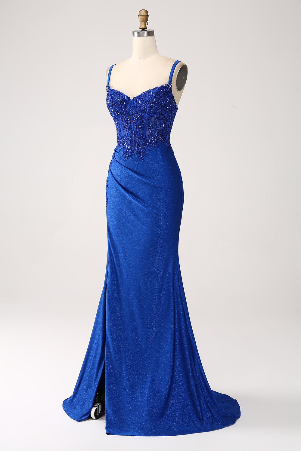 Vestido de fiesta largo con tirantes largos de sirena azul real con purpurina y apliques
