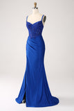 Vestido de fiesta largo con tirantes largos de sirena azul real con purpurina y apliques