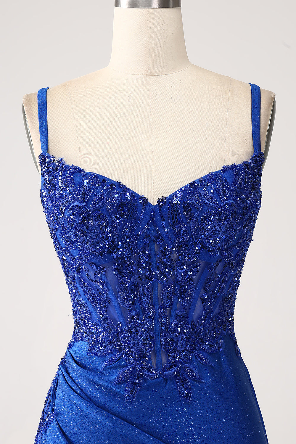 Vestido de fiesta largo con tirantes largos de sirena azul real con purpurina y apliques