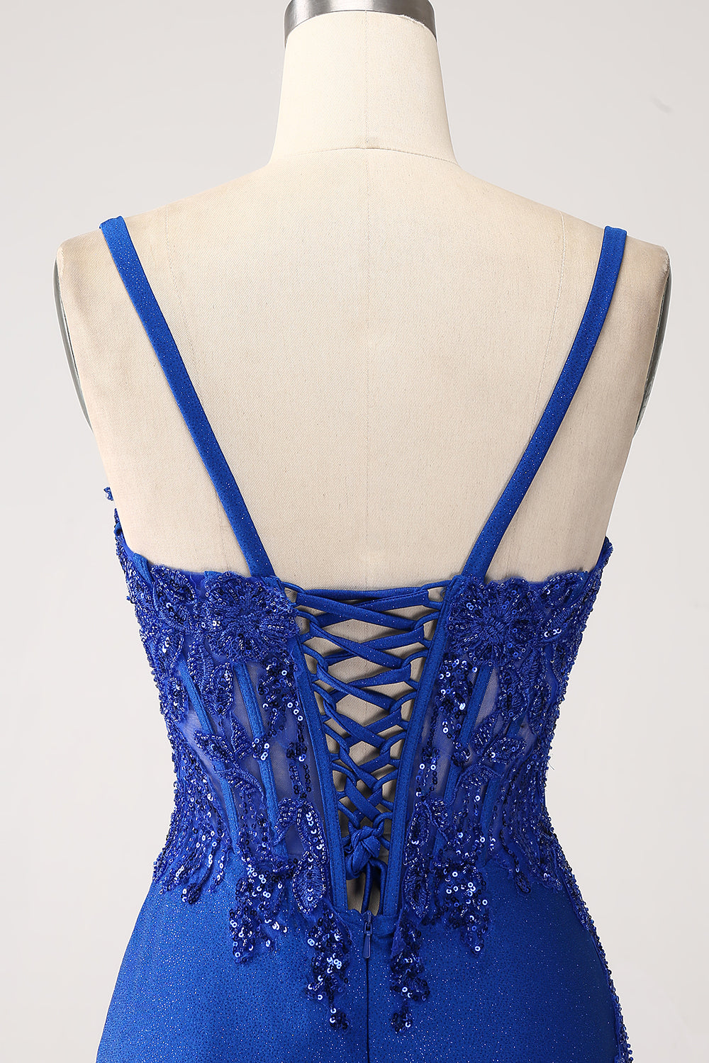 Vestido de fiesta largo con tirantes largos de sirena azul real con purpurina y apliques