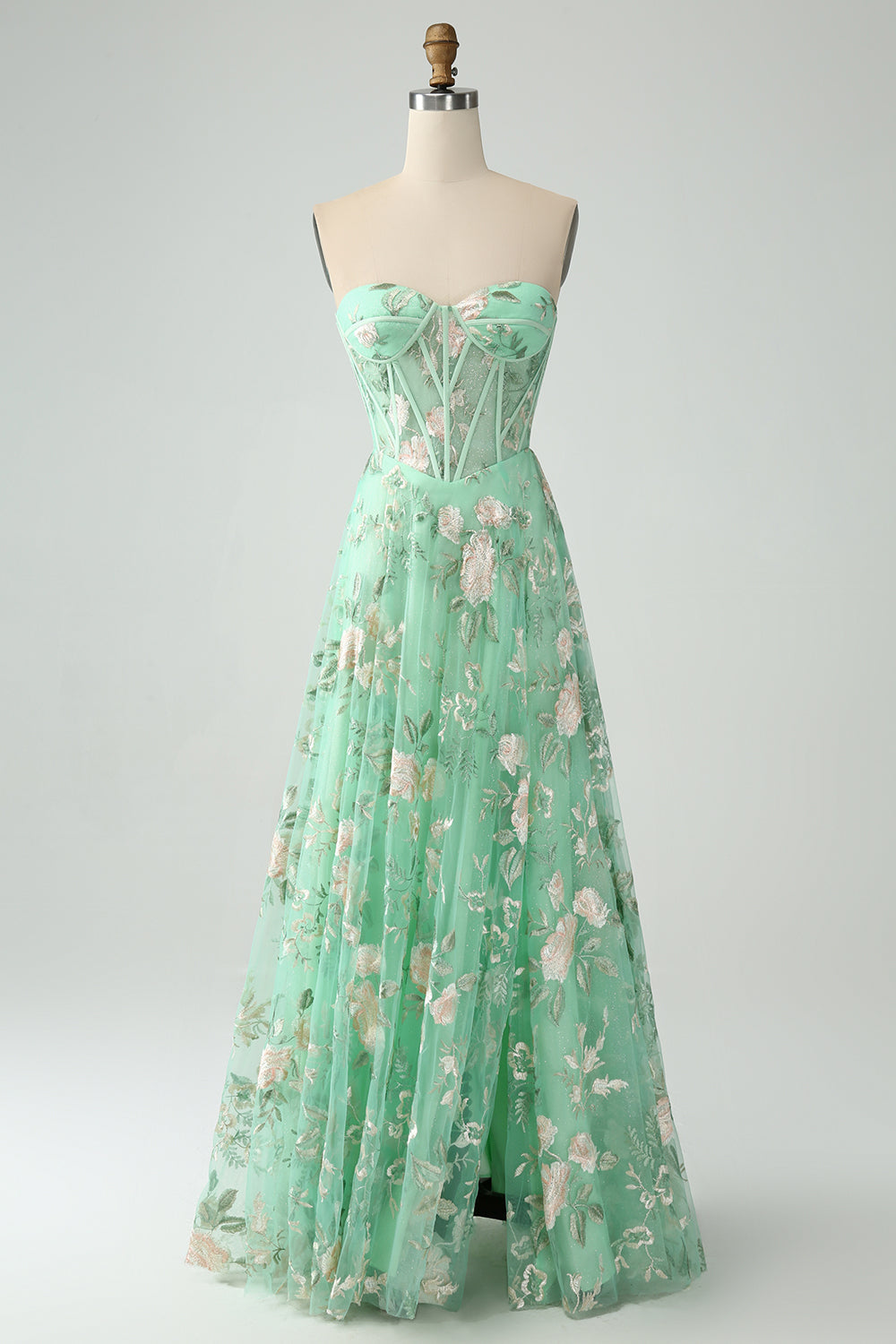 Vestido de fiesta verde A Line Sweetheart Strapless Strapless Print Corsé Con Abertura
