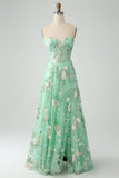 Vestido de fiesta verde A Line Sweetheart Strapless Strapless Print Corsé Con Abertura