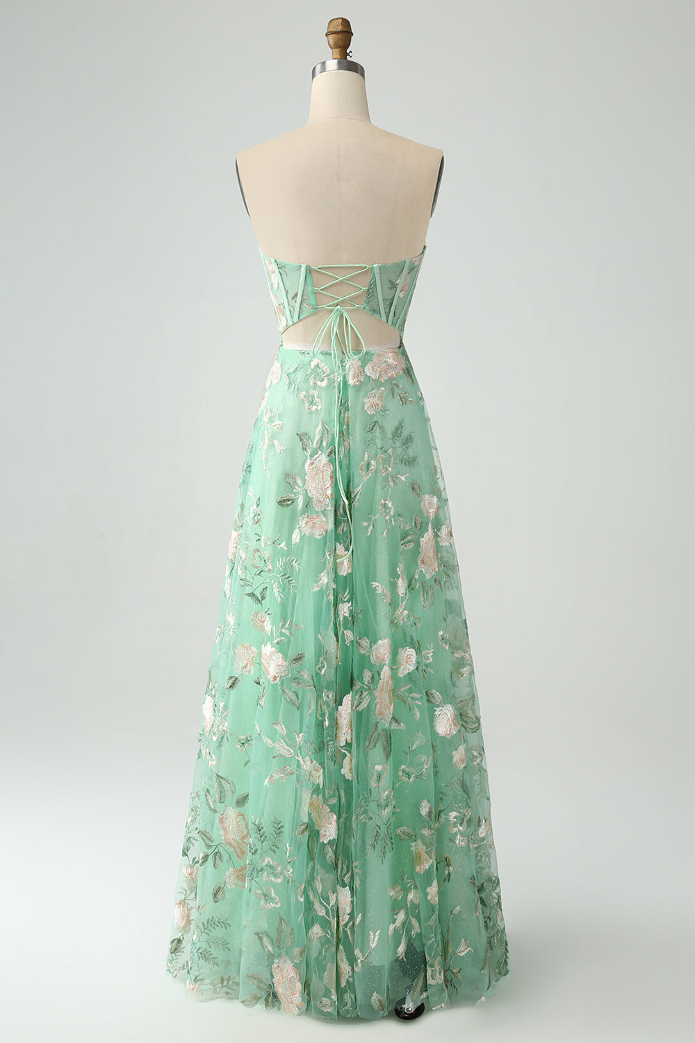 Vestido de fiesta verde A Line Sweetheart Strapless Strapless Print Corsé Con Abertura