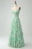 Vestido de fiesta verde A Line Sweetheart Strapless Strapless Print Corsé Con Abertura