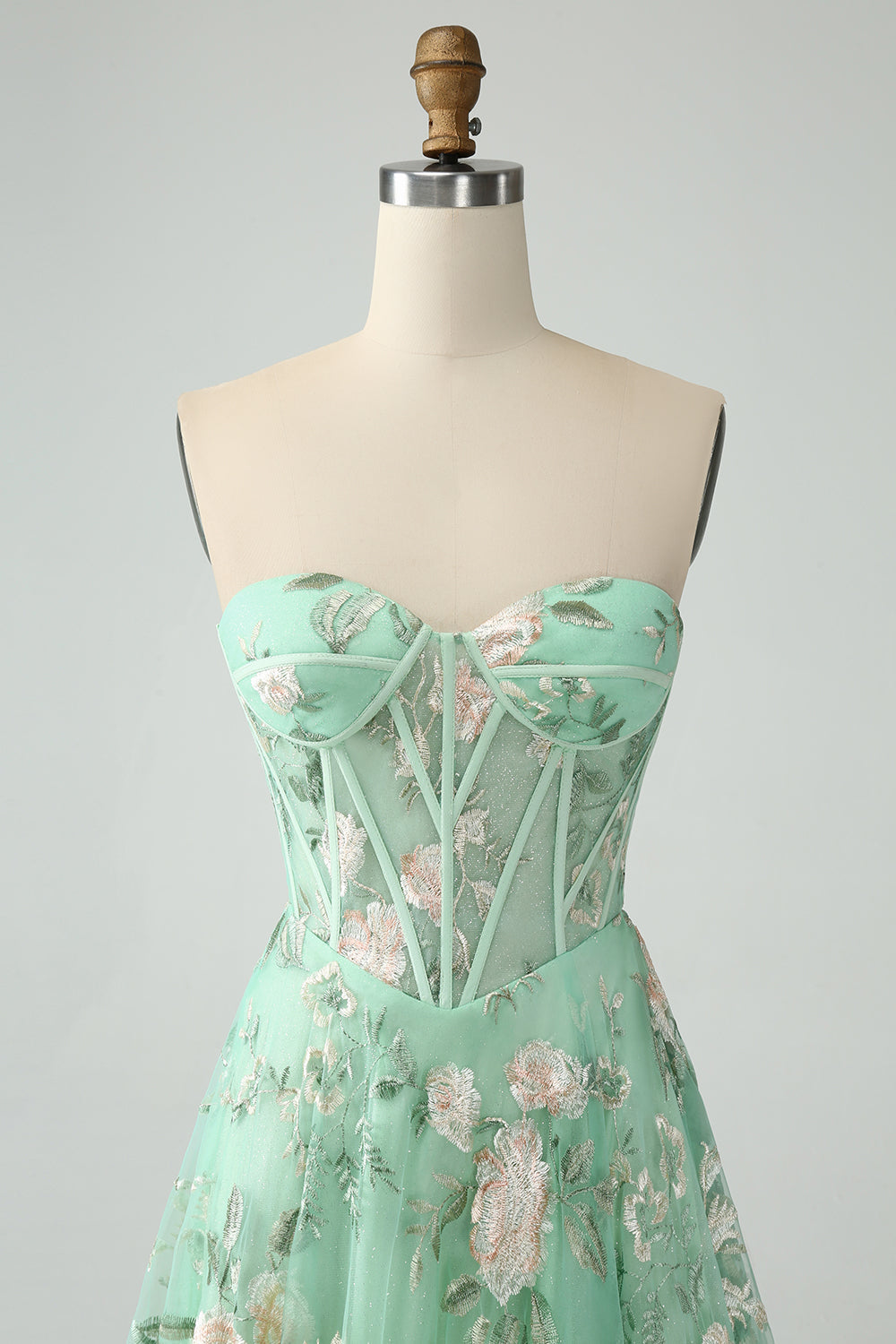 Vestido de fiesta verde A Line Sweetheart Strapless Strapless Print Corsé Con Abertura