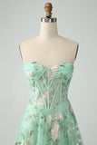 Vestido de fiesta verde A Line Sweetheart Strapless Strapless Print Corsé Con Abertura