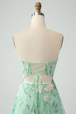 Vestido de fiesta verde A Line Sweetheart Strapless Strapless Print Corsé Con Abertura