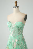 Vestido de fiesta verde A Line Sweetheart Strapless Strapless Print Corsé Con Abertura