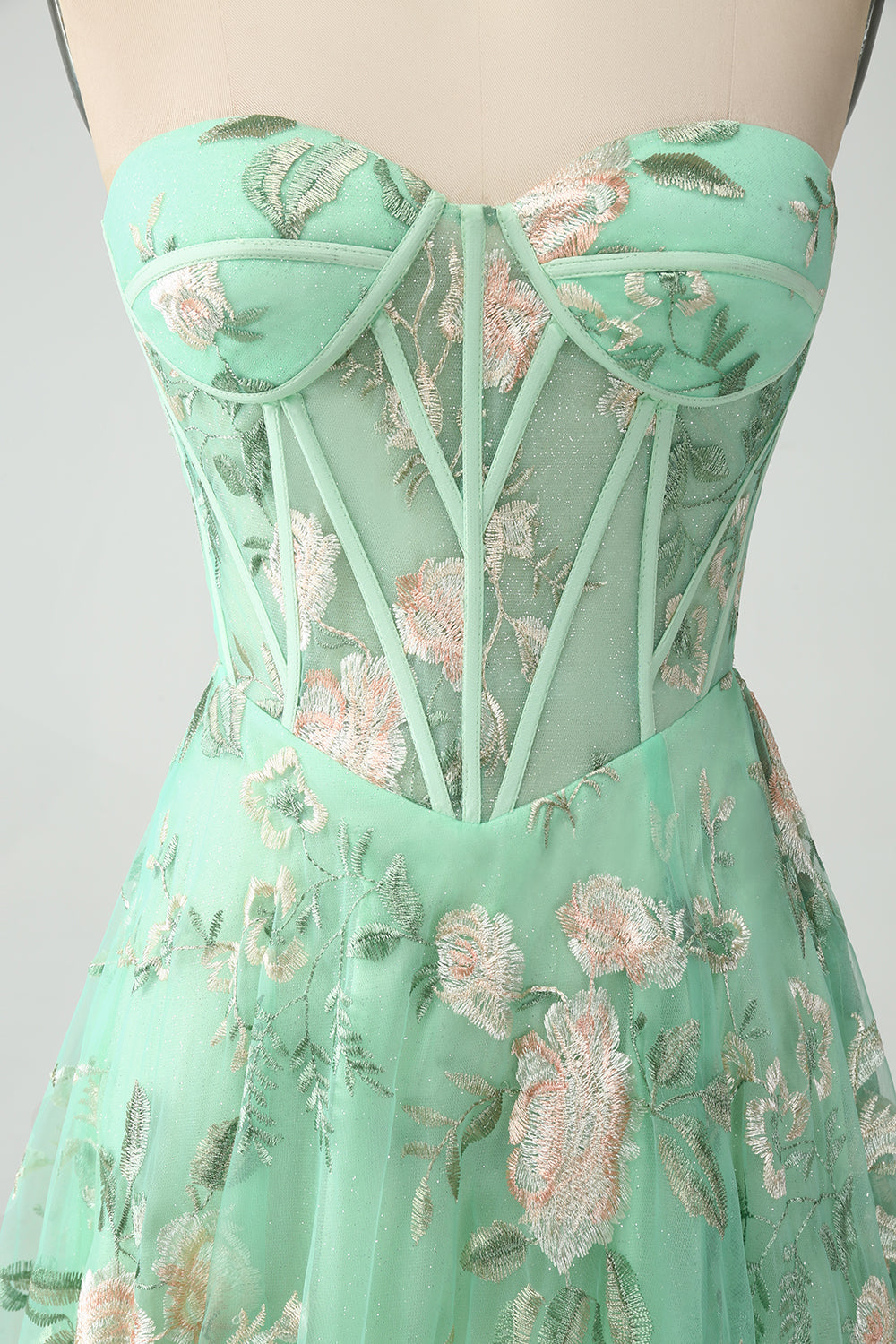 Vestido de fiesta verde A Line Sweetheart Strapless Strapless Print Corsé Con Abertura