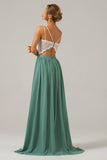 Vestido de dama de honor largo de gasa boho con espalda abierta de eucalipto con encaje