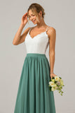 Vestido de dama de honor largo de gasa boho con espalda abierta de eucalipto con encaje