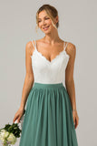 Vestido de dama de honor largo de gasa boho con espalda abierta de eucalipto con encaje
