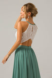 Vestido de dama de honor largo de gasa boho ojo de cerradura de eucalipto con encaje