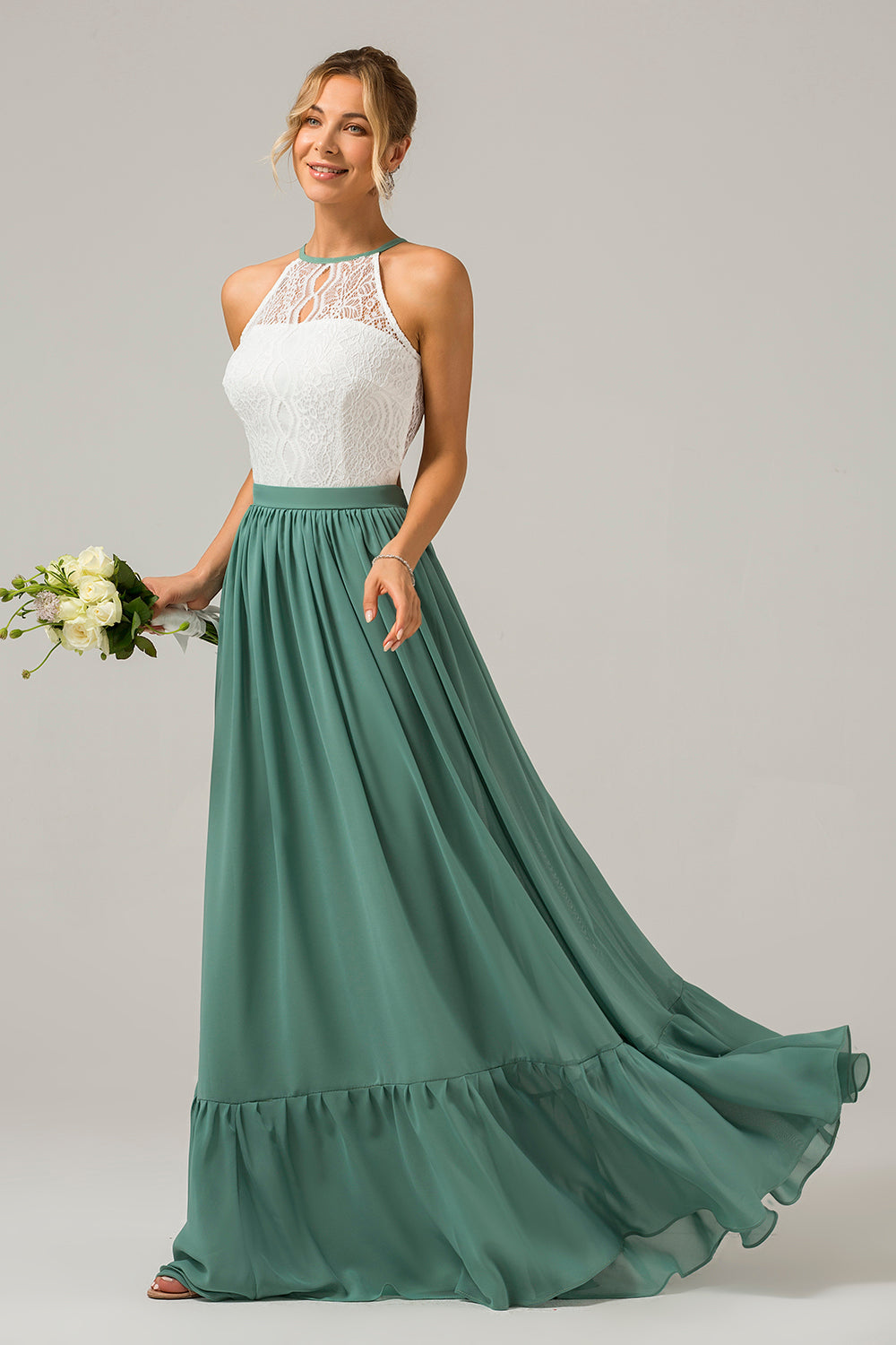 Vestido de dama de honor largo de gasa boho ojo de cerradura de eucalipto con encaje